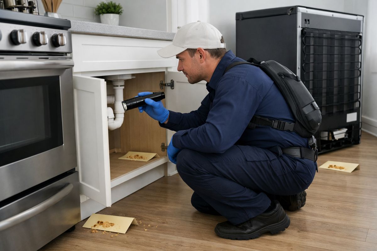 A pest control technician kneeling beside a kitchen stove and opening the lower cabinet under a sink, with a flashlight aimed at pipe gaps, an upside-down refrigerator pulled slightly away from the wall, and sticky traps placed along the baseboards near crumbs, plumbing, and cabinet corners