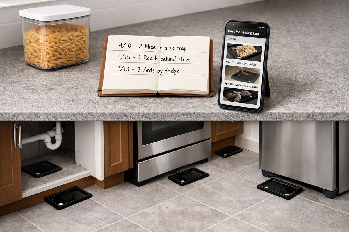 A kitchen floor with several glue traps placed under the sink, behind the stove, and near the refrigerator, alongside a phone showing a photo log screen, a notebook with dated entries, and a sealed container of pantry food on the counter.