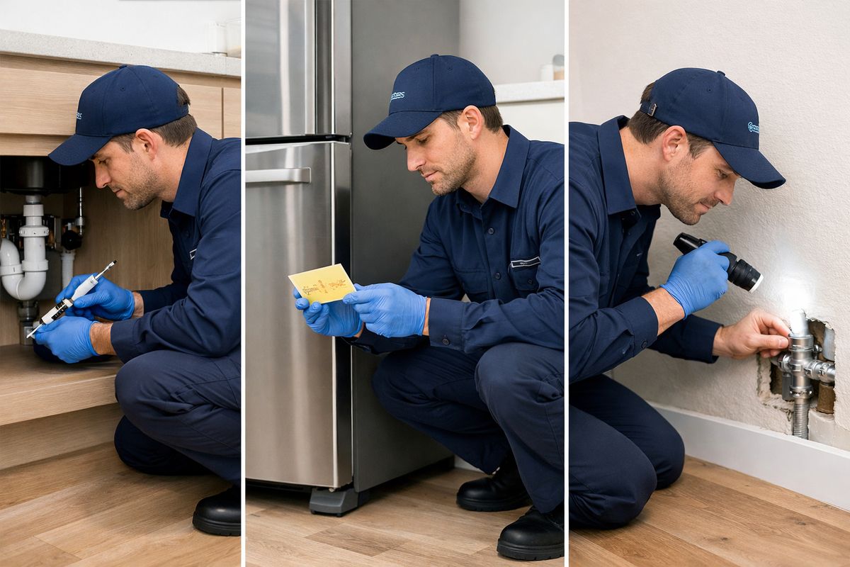 A licensed pest technician crouched beside a kitchen cabinet, placing gel bait in a hidden corner under the sink, checking sticky monitors near a refrigerator, and inspecting cracks around plumbing lines and wall gaps