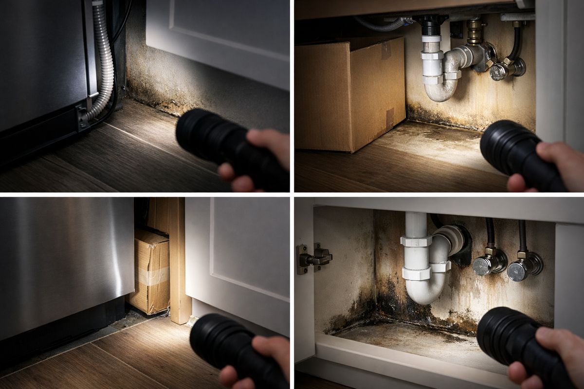 A dim kitchen and utility-area inspection scene with a flashlight aimed behind a refrigerator, under a sink cabinet, beside a dishwasher gap, and at plumbing openings near a bathroom vanity, showing tight cracks, cardboard storage boxes, and moisture-darkened corners around pipes and baseboards