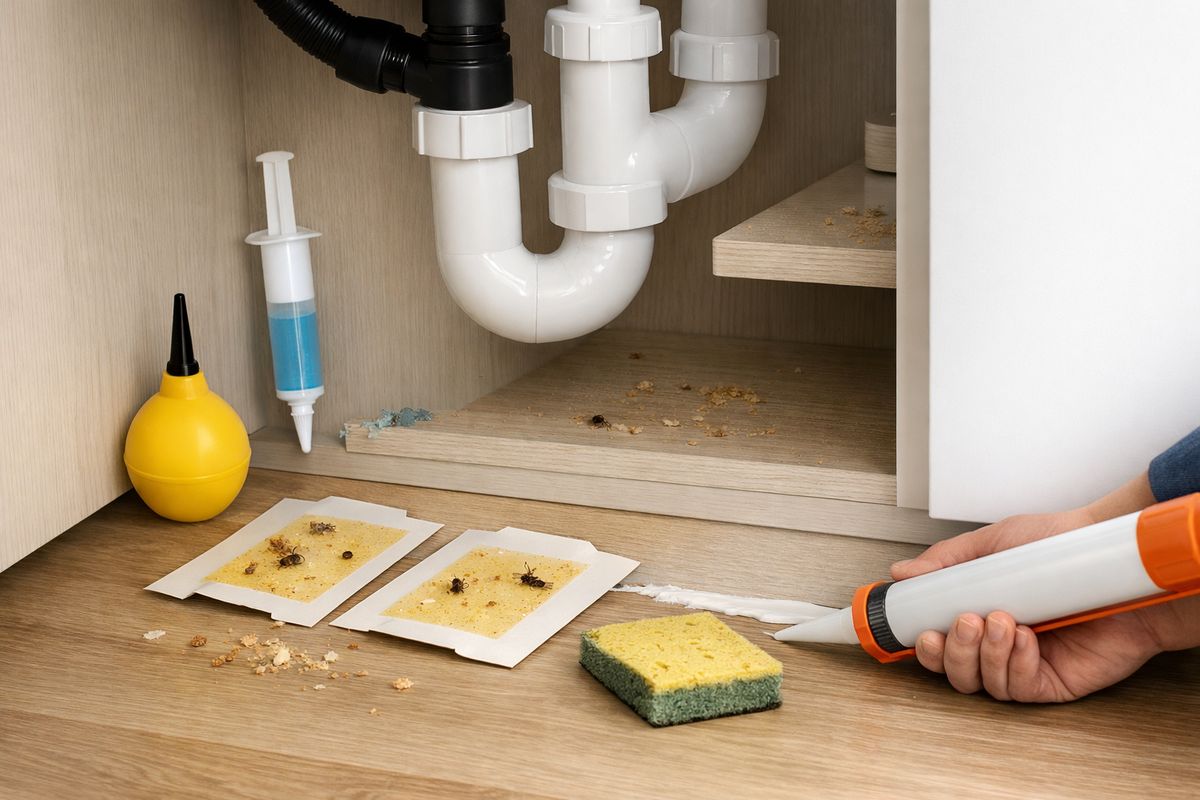 A close-up under a kitchen sink showing gel bait placed near plumbing pipes, a small dust applicator, sticky traps on the floor, a partially open cabinet with crumbs and a damp sponge nearby, and a person sealing a crack along the baseboard with caulk