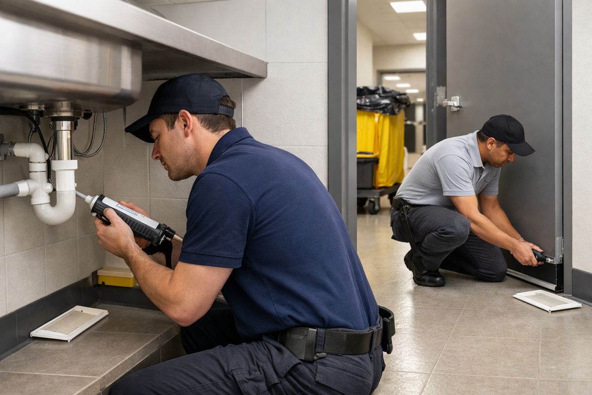 A maintenance worker sealing a gap around a sink pipe with caulk while another worker replaces a worn door sweep, with a trash room and shared hallway in the background and glue traps placed along the baseboards for monitoring