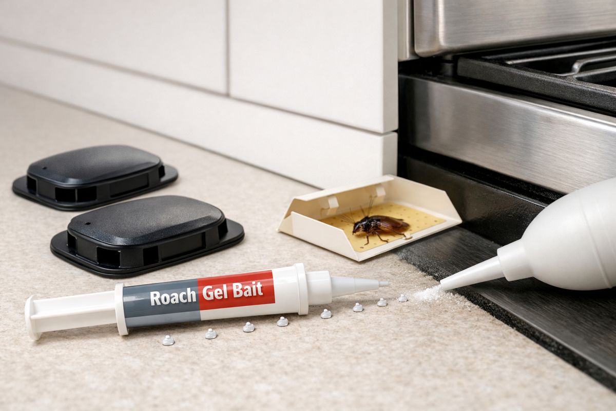 A close view of several roach-control tools laid out on a countertop: enclosed bait stations, a gel bait tube with tiny hidden dots placed along a cabinet crack, a sticky glue trap behind a stove, and a small dusting applicator aimed into a dark baseboard gap