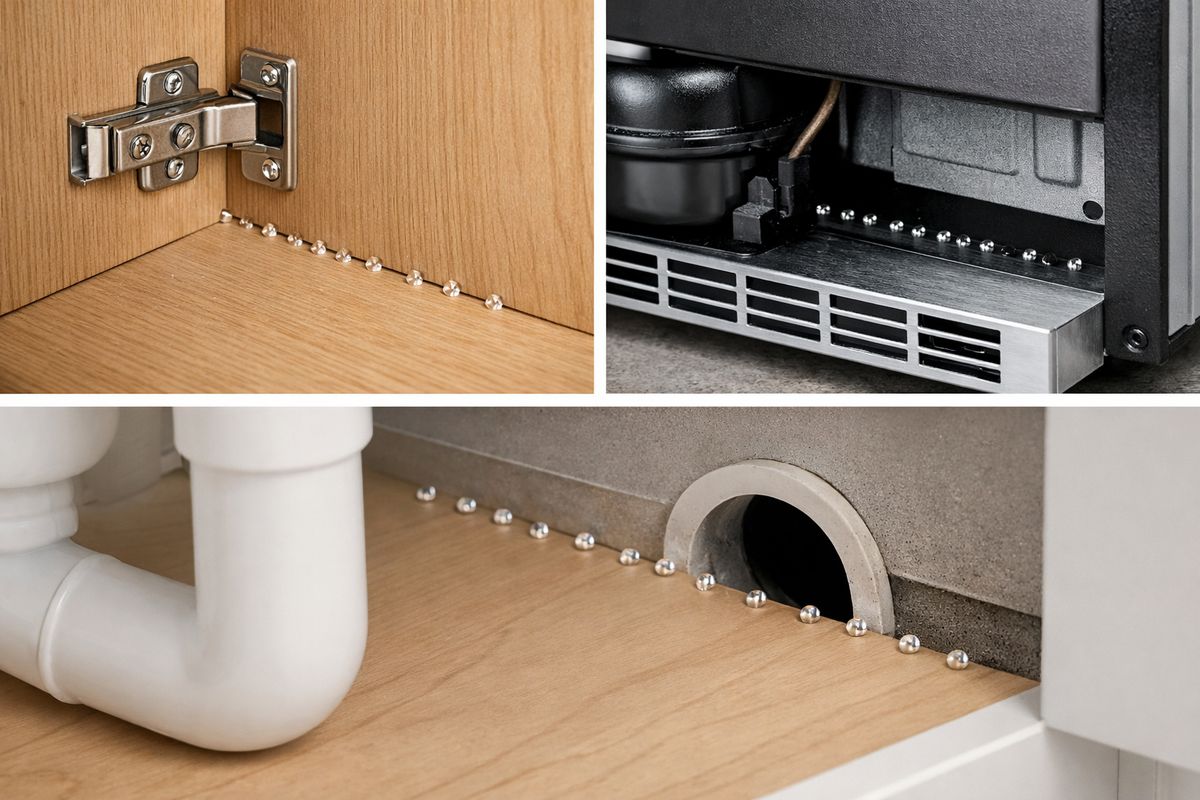 Close-up of a kitchen cabinet hinge area with tiny dots of gel bait placed along a crack near the corner, behind a refrigerator motor grille, and beside a pipe opening under a sink, showing a targeted treatment setup in hidden roach hiding spots