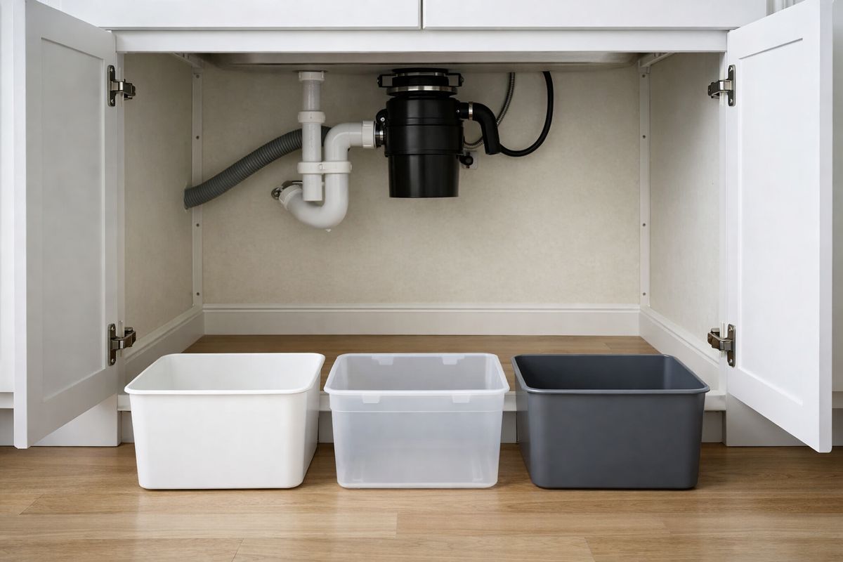 An under-sink cabinet and nearby baseboards being cleared of cardboard boxes, grocery bags, and loose paper piles, with a few plastic bins lined up on the floor and the back wall, pipes, and cabinet corners fully exposed for treatment.