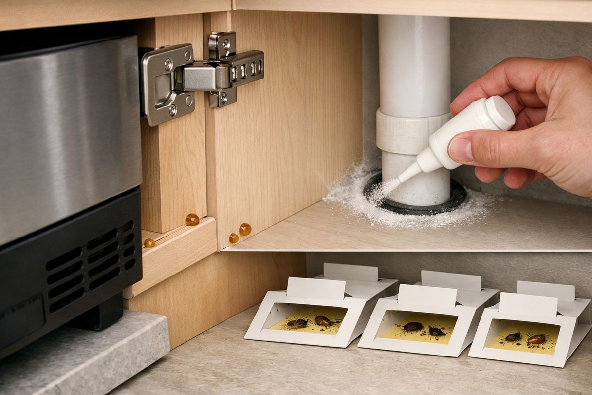 A close-up of a kitchen cabinet interior where tiny gel bait dots are placed along hinge areas and corner cracks, a small dust applicator being used at a pipe penetration in the back of the cabinet, and several sticky traps positioned behind an appliance to monitor roach activity