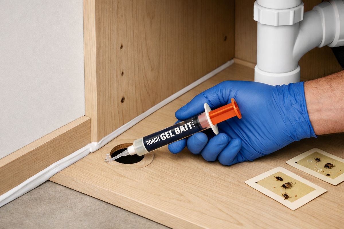 A close view of a technician applying a small bead of gel bait along the inside edge of a kitchen cabinet and around a pipe opening under the sink, with caulk sealing a gap near the baseboard and a few sticky traps positioned along the wall.