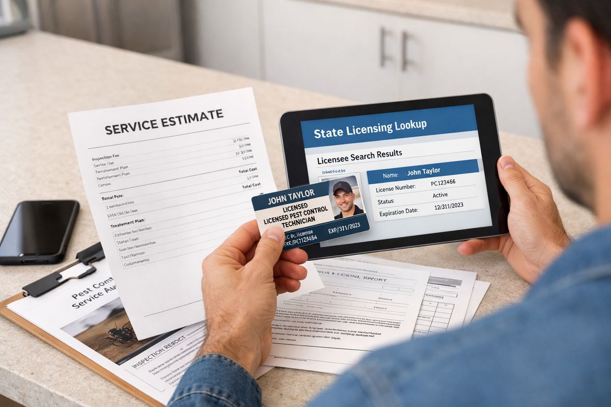 A homeowner holding a printed service estimate while comparing a license card and a state licensing lookup page on a tablet, with a phone on the table and pest control service paperwork spread out beside a kitchen counter