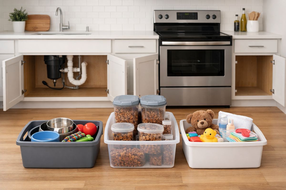 A kitchen being prepared for pest control with pet bowls, dry food containers, chew toys, and baby items gathered into storage bins, while cabinets under the sink and around the stove are cleared to expose hidden spaces
