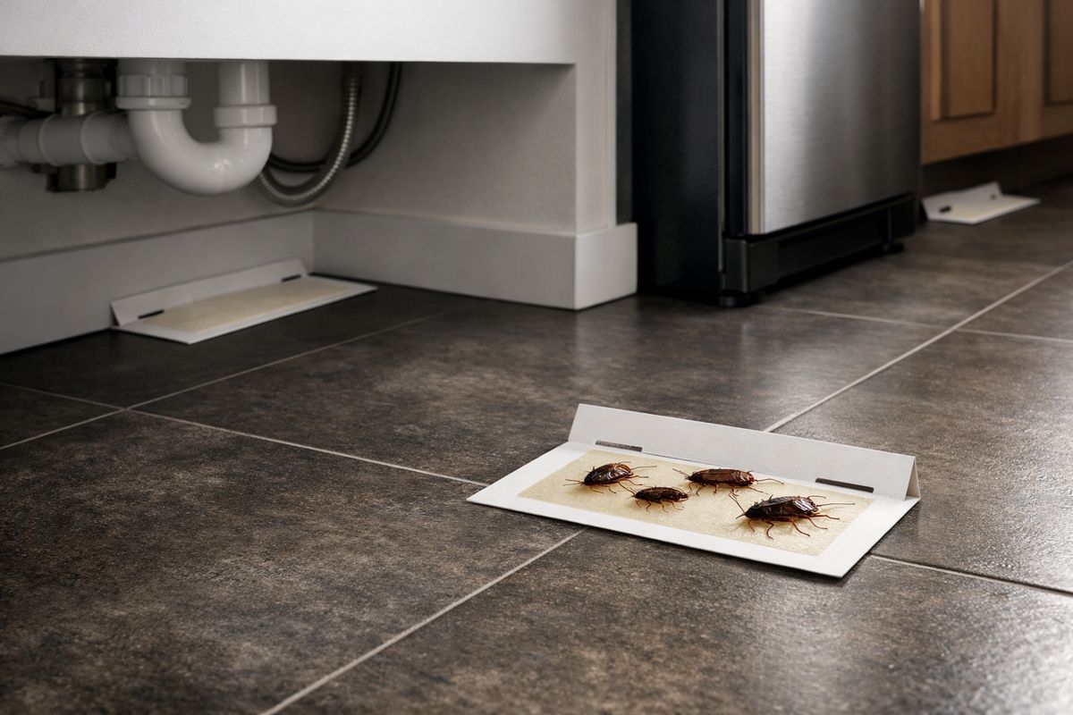Several flat glue traps set along a baseboard behind a refrigerator, under a sink, and near a stove, with a few trapped roaches visible on one monitor and a dim kitchen floor showing the dark edge pathways they follow