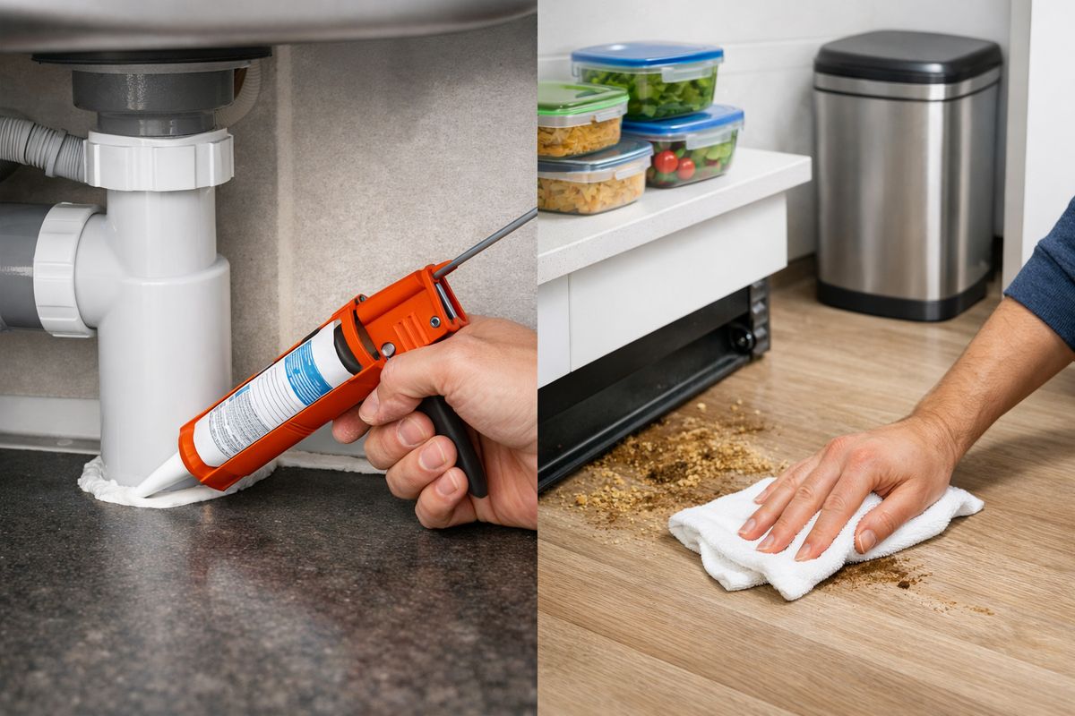 A homeowner sealing a narrow gap around a kitchen sink pipe with caulk while another hand wipes grease and crumbs from the floor behind a pulled-out stove, with sealed food containers on the counter and a trash bin near the cabinet area