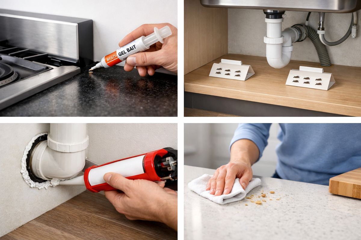 A step-by-step roach control setup in a kitchen: gel bait placed behind the stove, sticky monitors under the sink, a caulk gun sealing a gap around a pipe penetration, and a person wiping crumbs from a countertop with a cloth