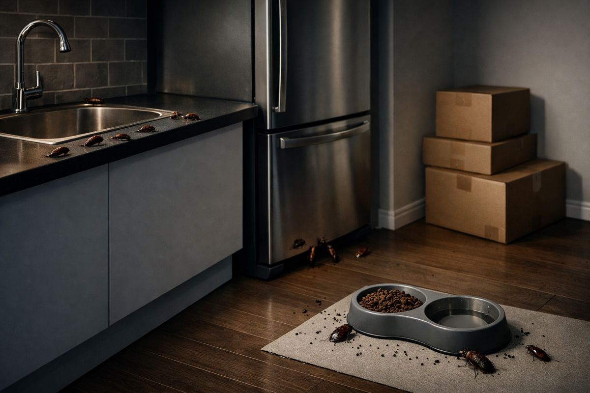 A dim kitchen at night with several cockroaches visible near a sink and refrigerator, plus droppings around a pet feeding area and a few cardboard boxes stacked in a cluttered corner