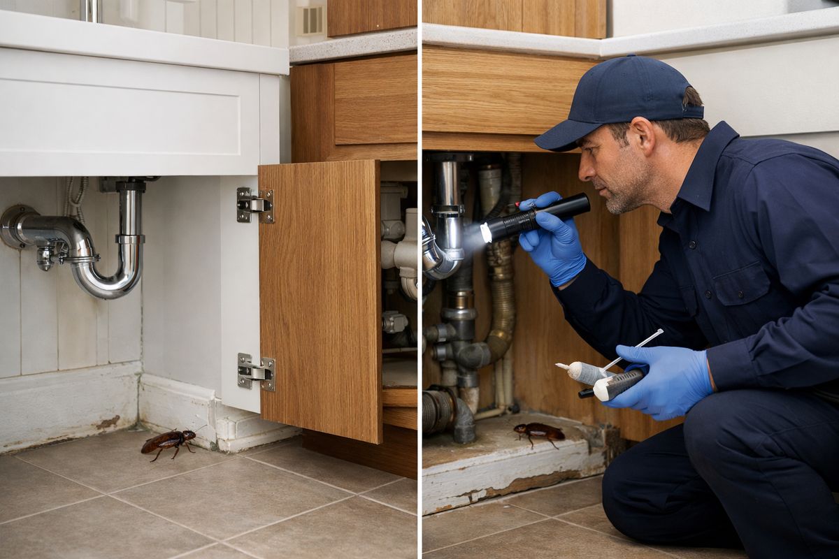 An older apartment kitchen and bathroom scene with multiple cockroach hotspots: a roach near a bathroom vanity, another by a kitchen cabinet hinge, exposed plumbing lines, worn baseboards, and a pest control technician inspecting hidden areas with a flashlight and carrying bait and dusting tools