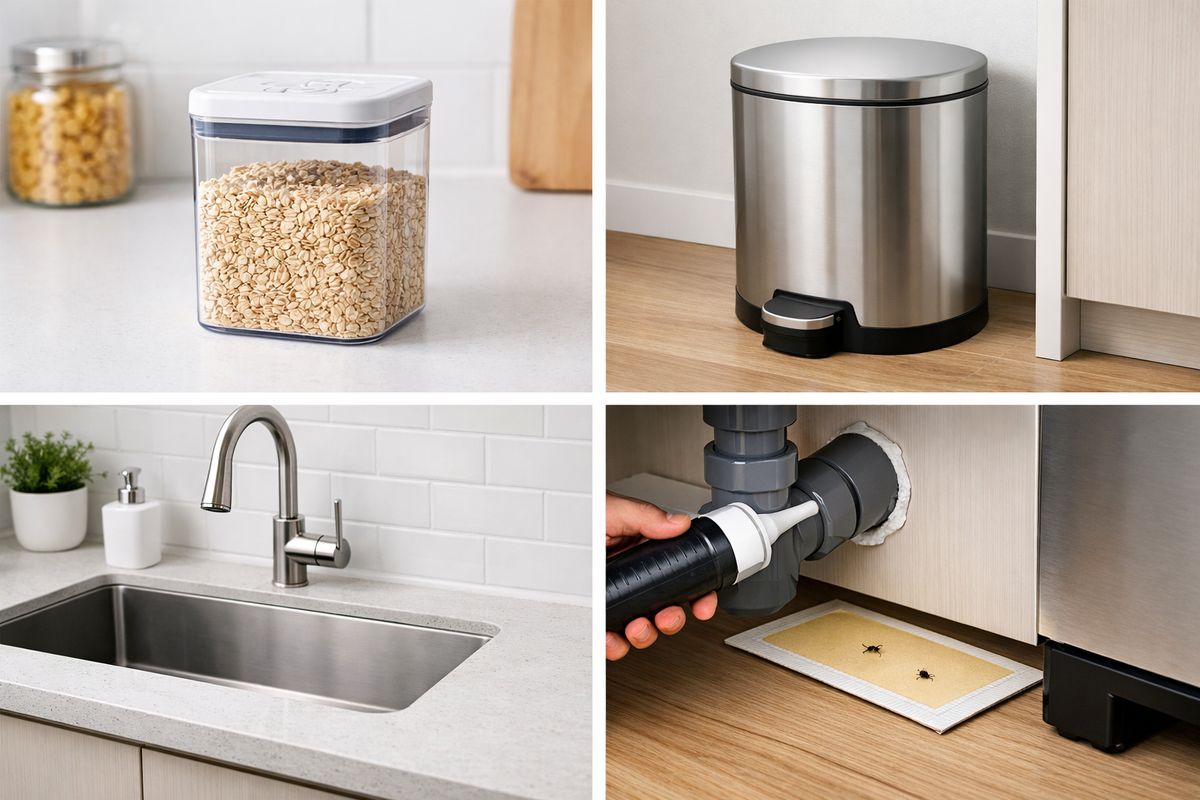 A clean kitchen scene showing a tightly sealed pantry container, a trash bin with a lid, a dry sink area with no standing water, caulk being applied around a pipe gap under the sink, and a glue trap hidden behind an appliance