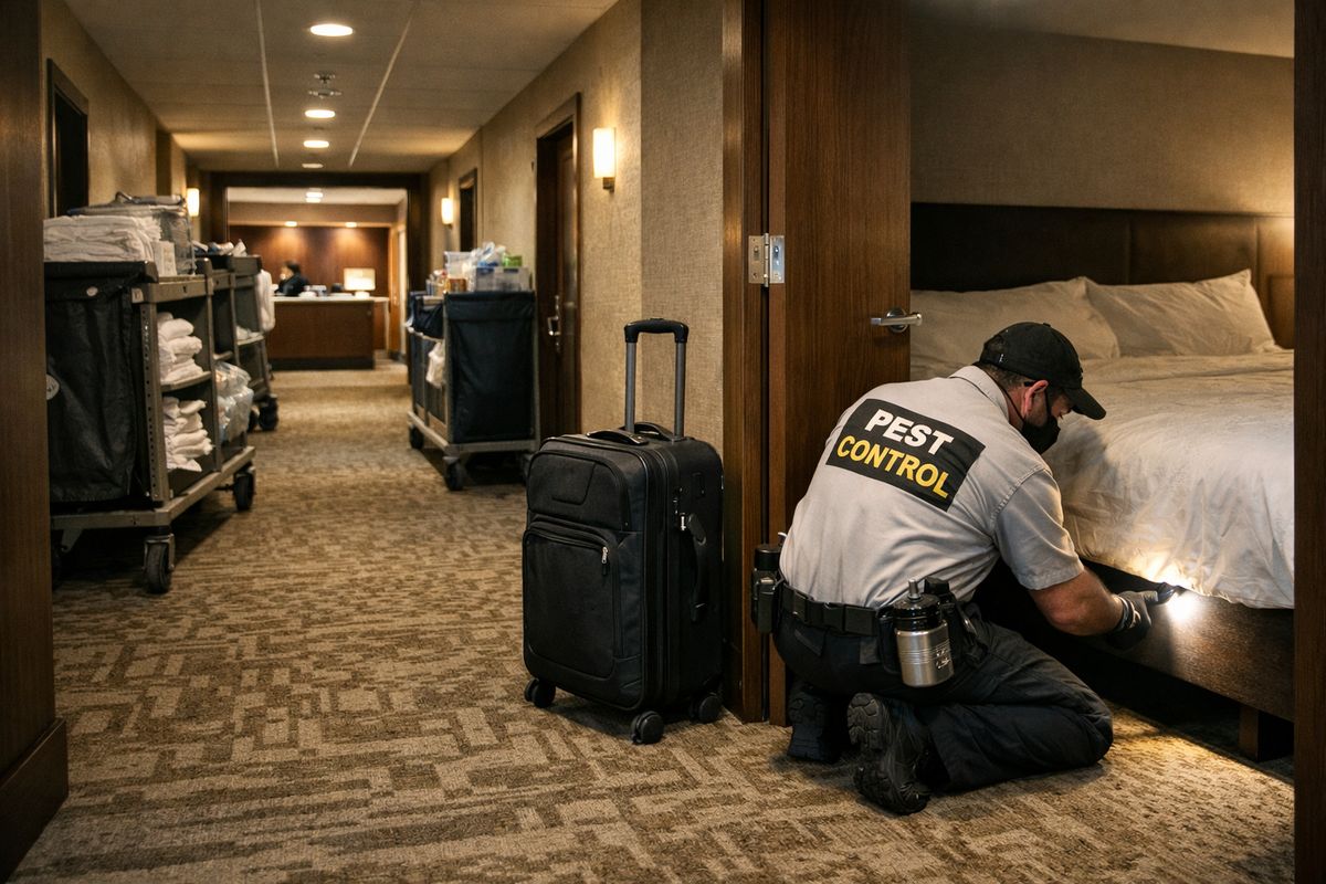 A hotel corridor with housekeeping carts parked outside guest rooms, a rolling suitcase near an open door, and a pest control technician inspecting the baseboards and mattress area in a dimly lit room while the front desk is visible at the far end of the hallway