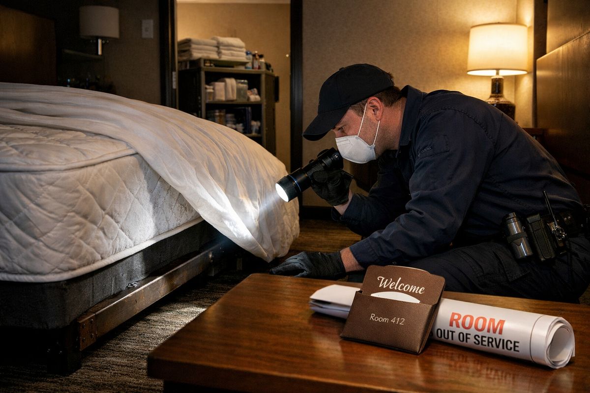 A hotel guest room at night with a mattress pulled back, a housekeeping cart in the doorway, and a pest technician inspecting the bed frame and baseboards with a flashlight while a front desk key packet and rolled-up room-out-of-service sign sit on a nearby table