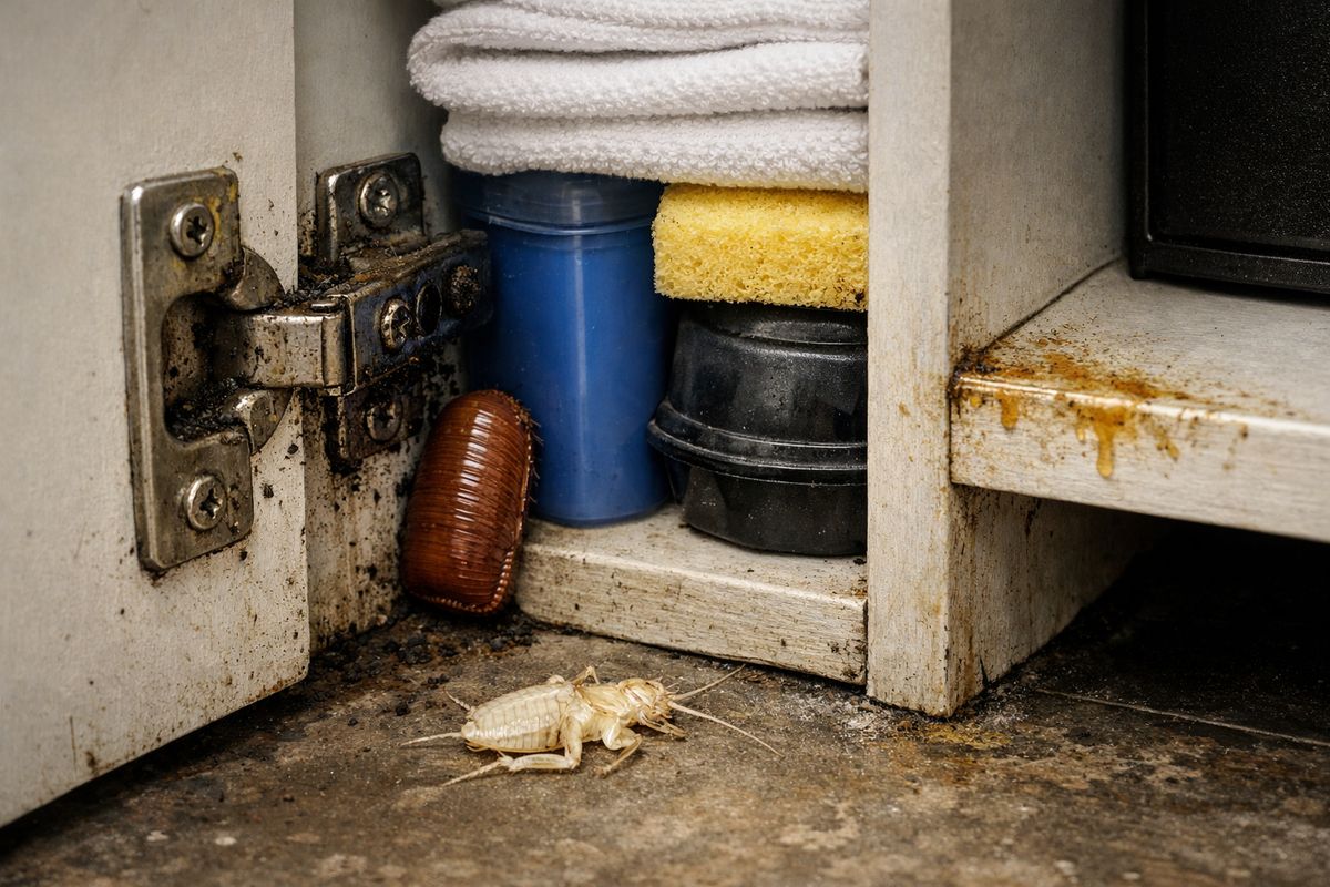 A close-up inspection scene in a hotel utility closet showing dark pepper-like droppings in a cabinet hinge, a brown egg case tucked beside stacked cleaning supplies, a pale shed cockroach skin near the baseboard, and greasy smears along the edge of a shelf next to a small cabinet opening