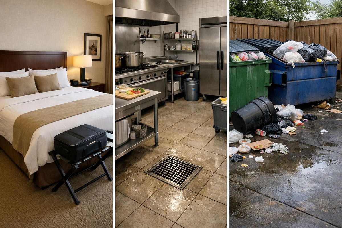 A split hotel property scene showing three distinct problem areas: a neatly made guest room with a bed and luggage rack, a stainless-steel kitchen prep area with a floor drain and equipment, and an outdoor dumpster enclosure with scattered trash bins and a damp concrete pad