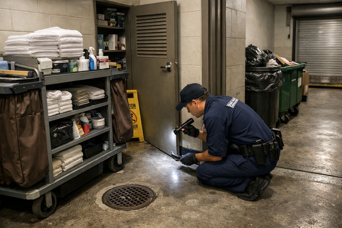 A hotel back-of-house corridor with a service cart parked beside a utility closet, a floor drain near a loading area, and a pest control technician inspecting wall bases and door gaps while housekeeping supplies and trash bins sit nearby
