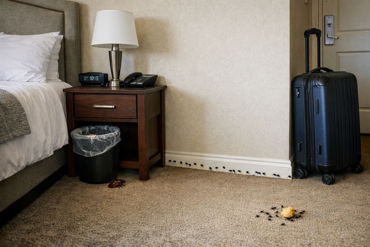 A Chicago hotel room with a bed, nightstand, baseboards, and a suitcase near the door, alongside small visual cues of common pests like a cockroach near a trash bin, a mouse droppings trail along the wall, and a few ants near a crumb on the carpet
