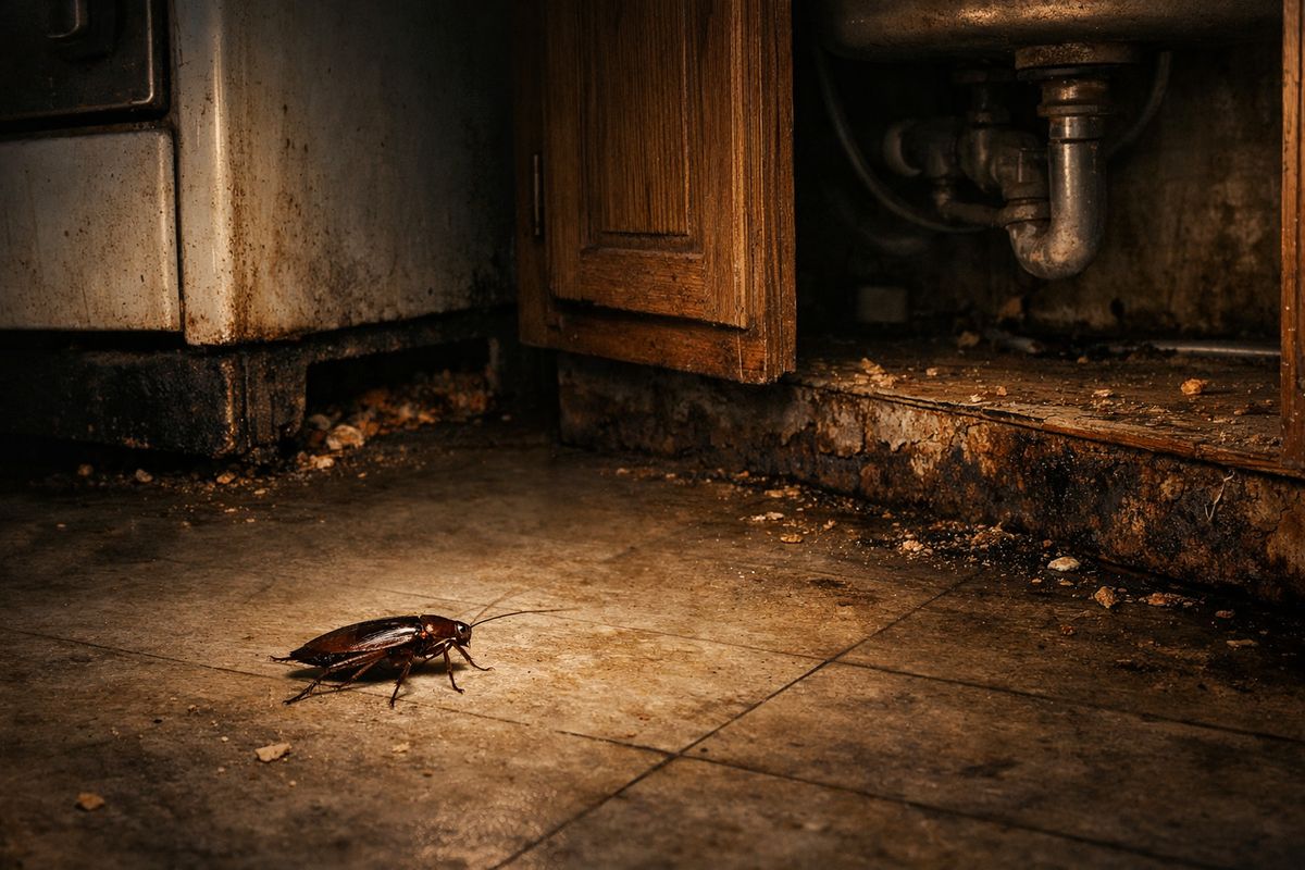 A dim kitchen at night with a single cockroach crossing the floor near a cabinet, while behind the stove and under the sink are visible gaps, crumbs, and a damp cabinet base that suggest hidden nesting spots