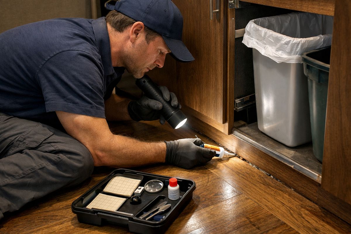 A technician kneeling beside a kitchen baseboard in an apartment, placing gel bait into a narrow crack near a trash pullout while a flashlight illuminates the space and a small inspection tray with monitors and tools sits on the floor nearby.