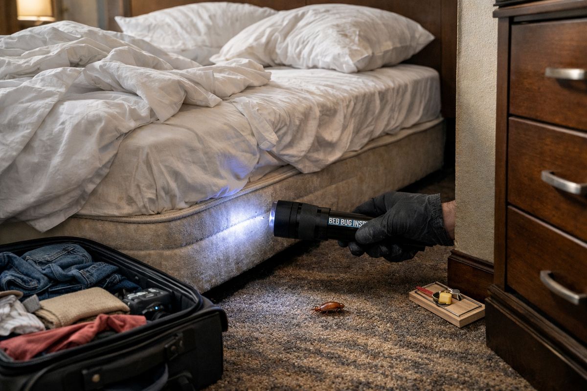 A hotel room scene with an unmade bed, a suitcase open on the floor, a small cockroach near the baseboard, a bed bug inspection flashlight aimed at the mattress seam, and a mouse trap tucked beside a dresser