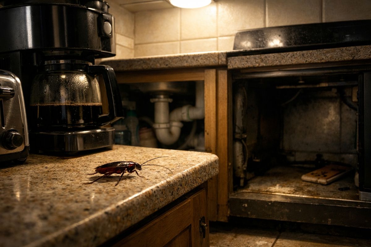A late-night kitchen scene with the overhead light on, a cockroach sprinting behind a coffee maker near the countertop, and the area under the sink and behind the stove visible as likely hiding places, with pipes and cabinet gaps suggesting hidden infestation points