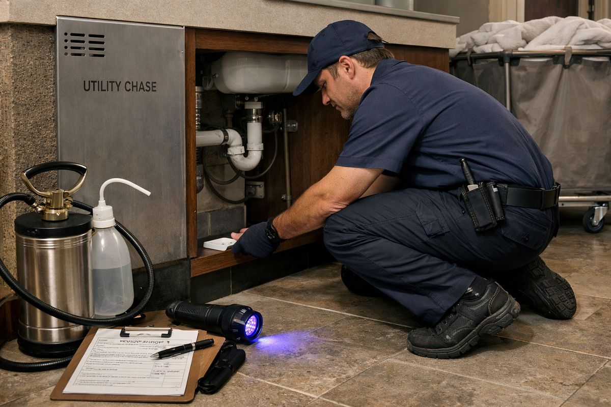 A hotel maintenance area with a technician placing small monitoring traps near a utility chase and under a sink cabinet, alongside a mattress seam inspection flashlight, a clipboard with service notes, and discreet treatment equipment beside a laundry cart