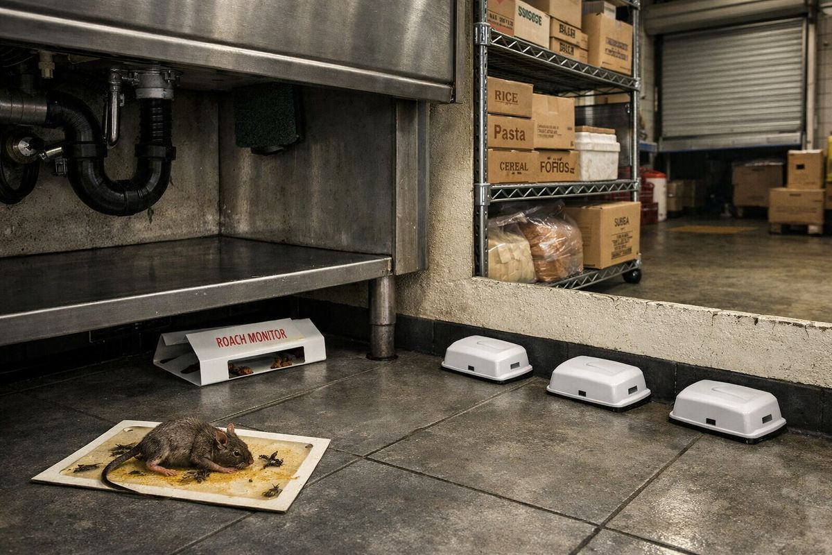 A hotel back-of-house storage area showing a glue trap with a mouse, a roach-monitoring station under a sink cabinet, insect bait stations along a wall, and boxes of dry goods stacked on metal shelving near a loading door