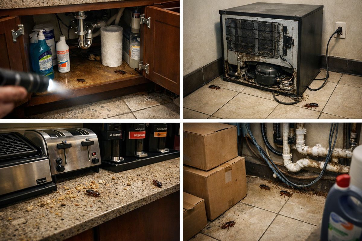 A hotel housekeeping and maintenance inspection scene with the bathroom sink cabinet open, a mini-fridge pulled away from the wall, a breakfast-area counter with crumbs near equipment, and a laundry room corner with cardboard boxes and exposed pipes, all viewed as if searching for hidden cockroach activity
