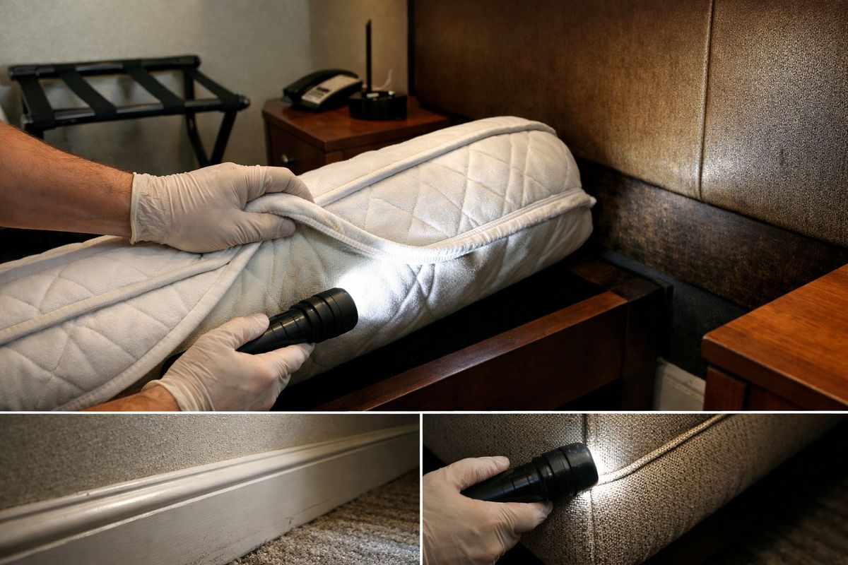 A hotel guest room inspection scene with a mattress pulled back from the bed frame, a flashlight aimed at the mattress seams and headboard, a luggage rack, a nightstand, and a close look at baseboards and upholstered chair edges