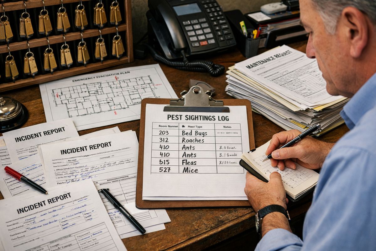 A hotel operations desk covered with incident log sheets, a room key rack, a floor plan printout, and a clipboard listing pest sightings by room number, with a supervisor comparing notes beside a stack of maintenance work orders