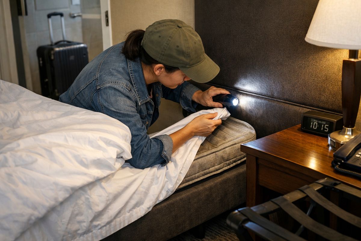 A traveler inspecting a hotel bed with the sheets pulled back, carefully checking the mattress seams and box spring while a suitcase sits on the bathroom floor, with a flashlight aimed at the headboard, nightstand edges, and luggage rack