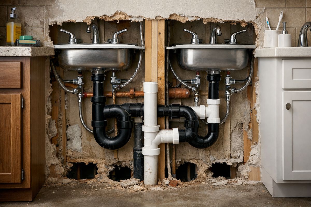 The interior wall area of an apartment kitchen and bathroom showing shared plumbing pipes, open utility penetrations, and adjoining cabinets on either side of a wall, with one unit’s sink and the neighboring unit’s sink aligned back-to-back