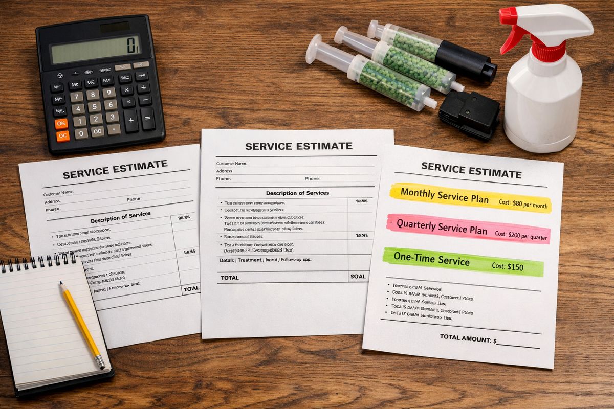 A tabletop with three printed service estimates laid out beside a calculator, a notepad, and a small set of pest control tools including bait tubes and a spray bottle, with one quote sheet showing different service terms highlighted in colored marker.