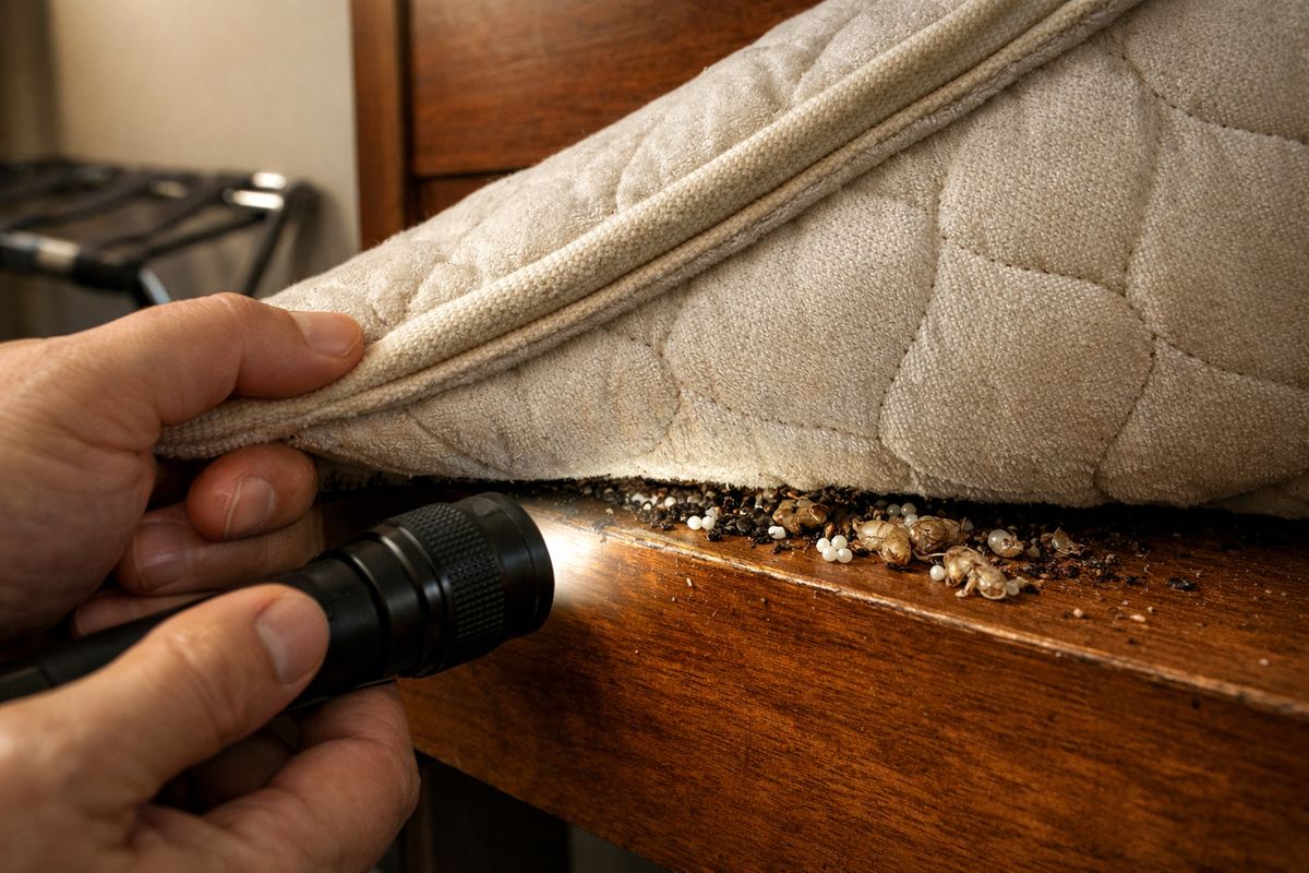 A close-up inspection scene showing a mattress lifted at the corner, a hand-held flashlight revealing dark spotting along the seams, a wooden headboard, a luggage rack, and tiny bed bug eggs and shed skins near the bed frame