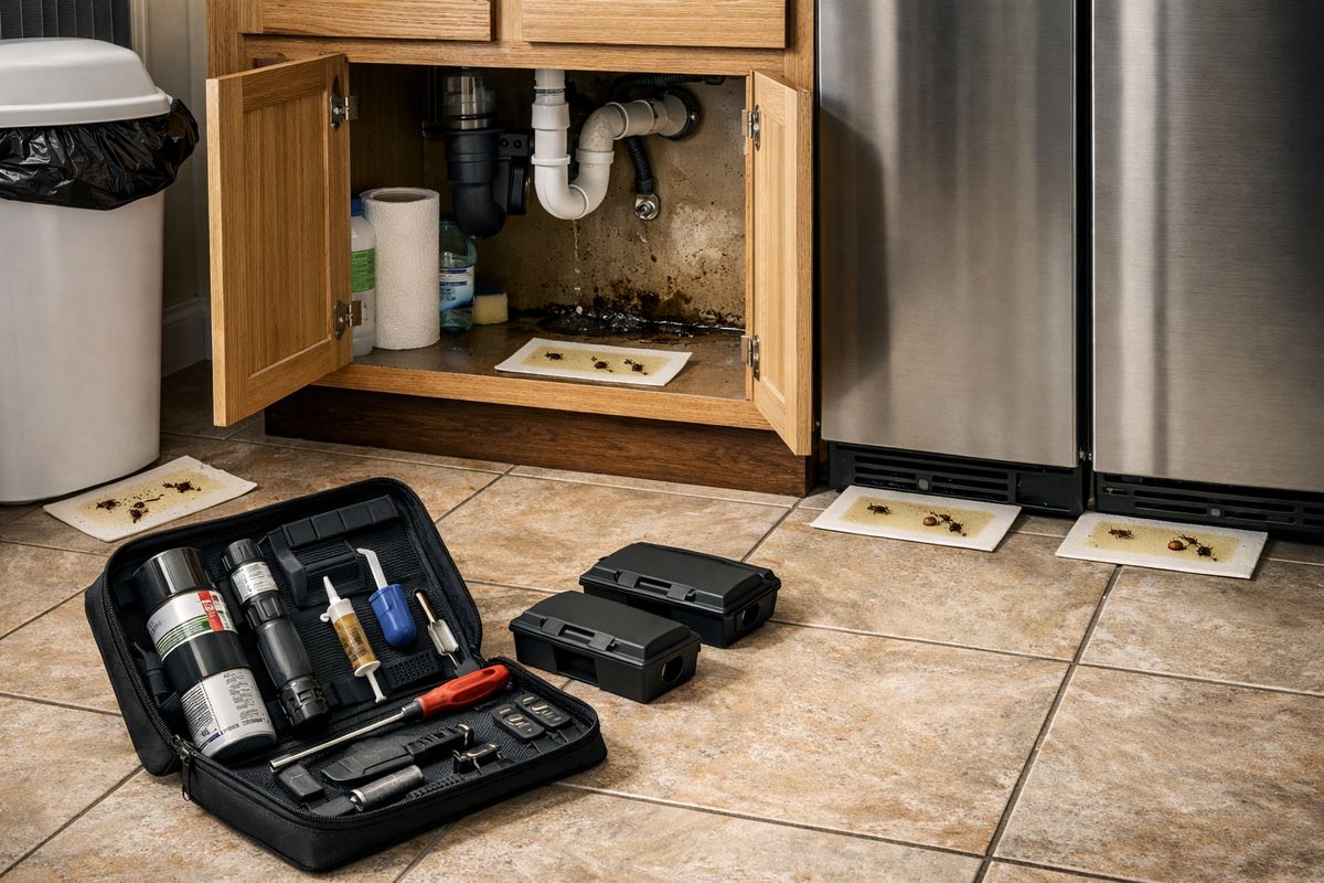 A technician's inspection setup in a kitchen and utility area, showing sticky traps placed along baseboards, under a sink cabinet with a small leak, around the refrigerator and dishwasher gaps, and near a trash zone, alongside bait stations and a small tool kit used for targeted crack-and-crevice treatment