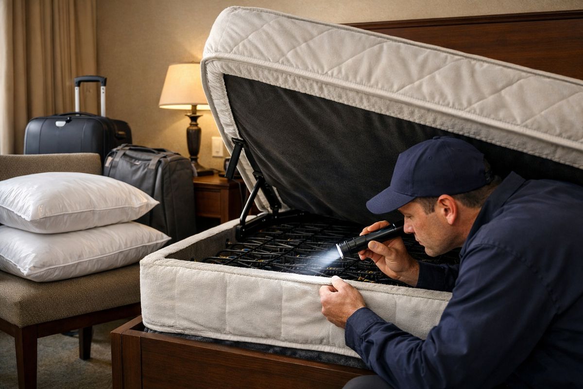 A guest room bed with the mattress lifted to reveal the box spring, a technician examining seams with a flashlight, two encased pillows on a chair, and nearby luggage staged away from the bed during an inspection