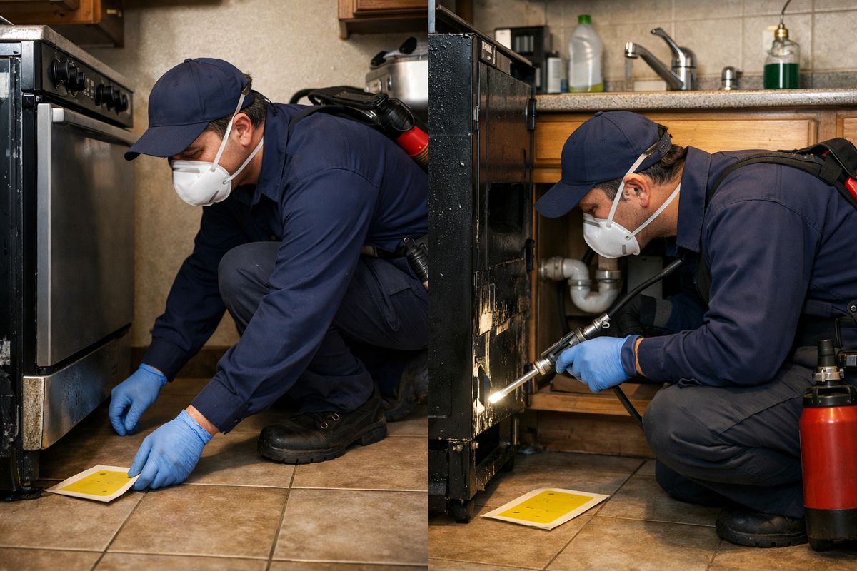 A pest control technician inspecting a kitchen by pulling out the stove and refrigerator, placing sticky traps near the walls, and applying treatment into cabinet cracks, pipe openings, and the space under a sink