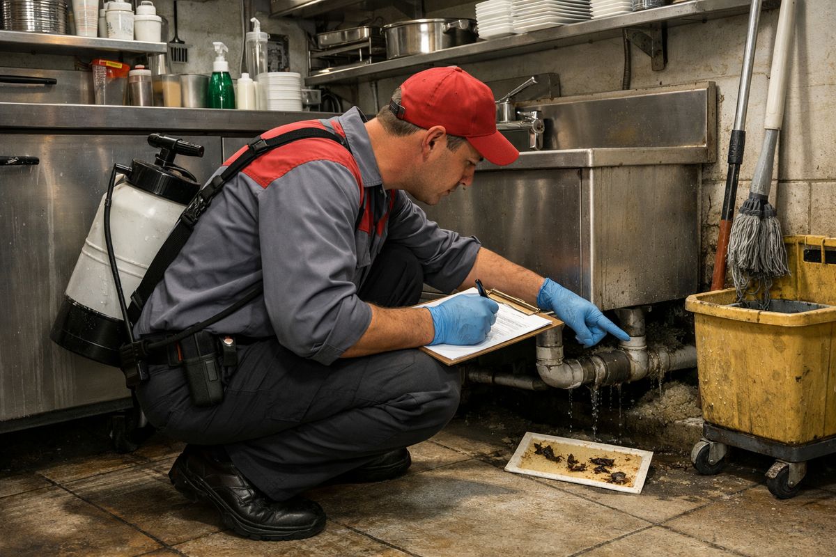 A hotel kitchen service area where a pest control technician is documenting activity around a sink cabinet, checking glue boards near the baseboard, and pointing to a damp pipe joint while the surrounding prep counters, mop sink, and storage shelves show a real working back-of-house environment
