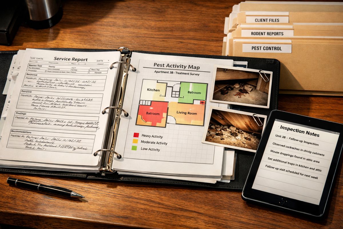 A binder open on a desk with multiple dated service reports, a printed room-by-room activity map, clipped photos of pest findings, and a tablet showing uploaded inspection notes beside a stack of labeled file folders