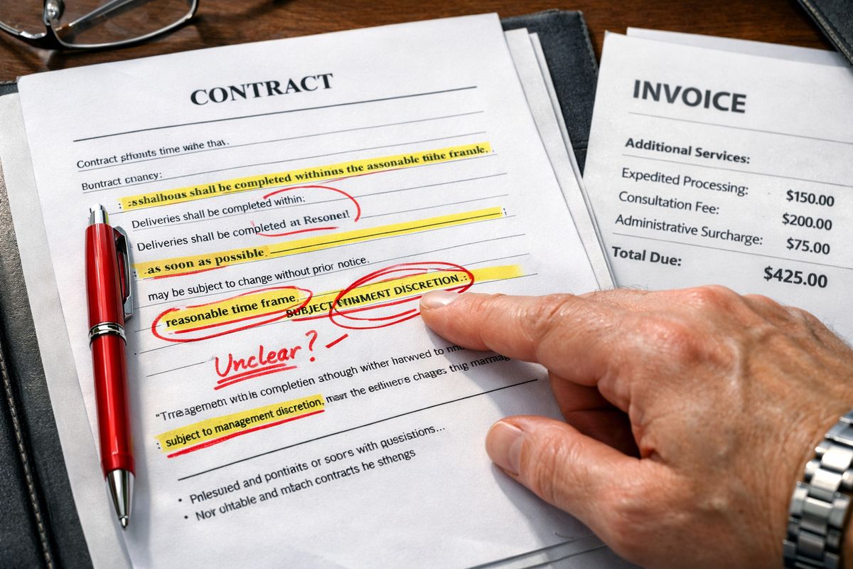 A close-up of a contract packet on a desk with several lines highlighted, a red pen marking vague clauses, an invoice beside it showing extra service charges, and a manager's hand pointing at an unclear section of the page