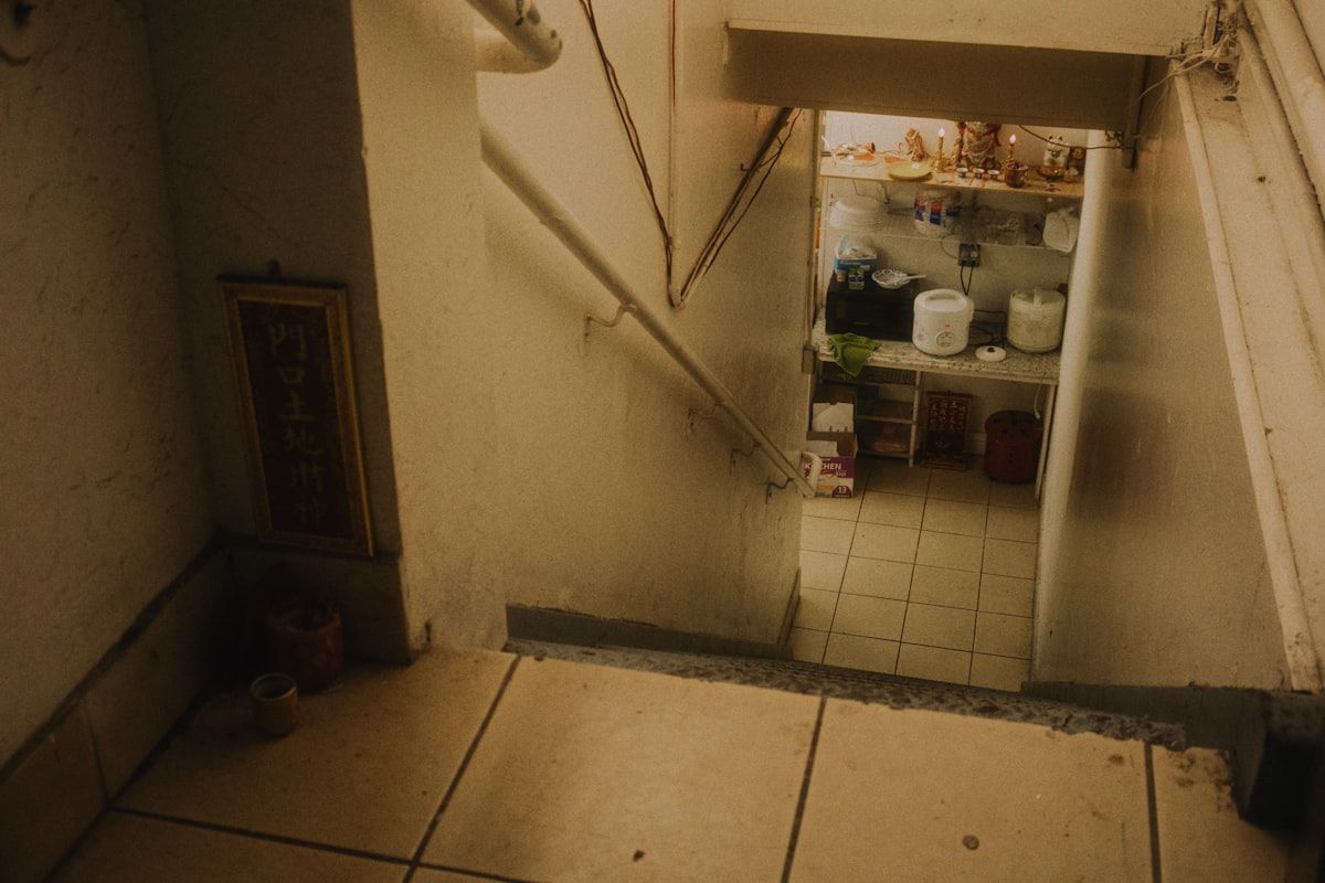A narrow apartment kitchen wall opened at the baseboard, showing exposed plumbing pipes, a gap around a sink drain line, and a roach moving from the dark wall cavity toward the back of a cabinet beside a dishwasher